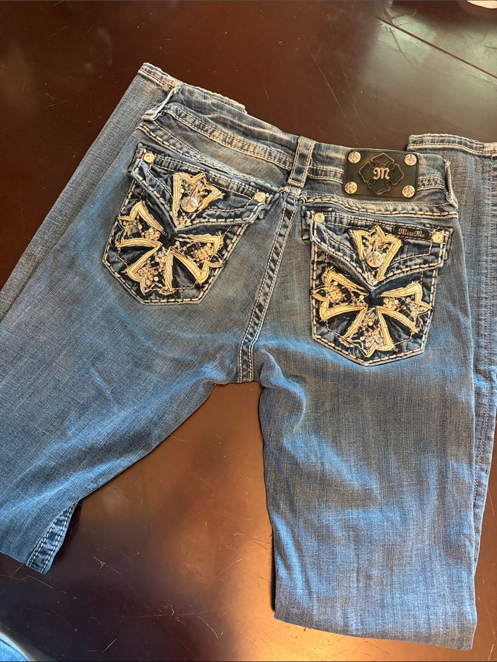 Miss Me Blue Boot Cut Jeans with Cream Embroidered Back Pockets